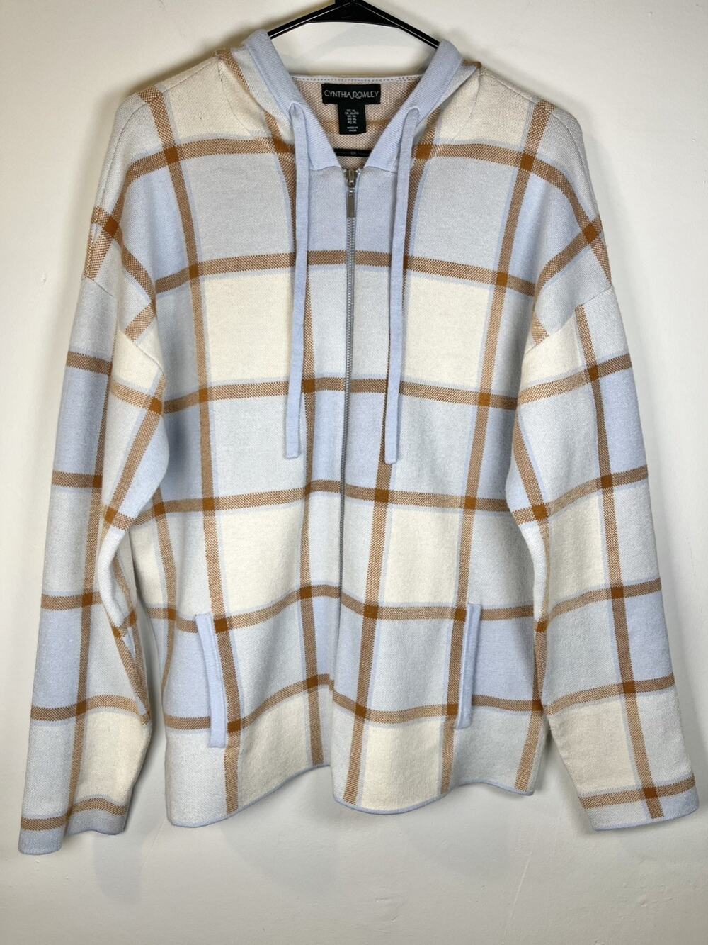 Cynthia Rowley Plaid Full Zip Up Hoodie Sweater Jacket Size XL Blue Quiet Luxury